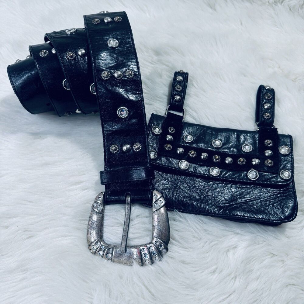 Vintage Mikki G Black Leather Jeweled Belt Bag Detachable XL 36-40 Waist USA